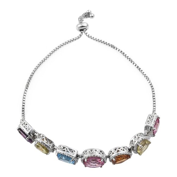 Green Quartz,Blue And Pink Topaz Bracelet In Sterling Silver Plated With Rhodium - Picture 1 of 3